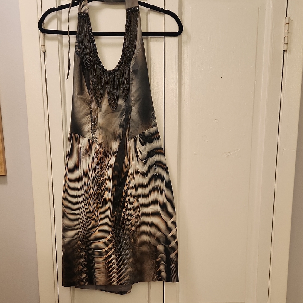 Black Halo Black and Cream Beaded Halter Mini Dress